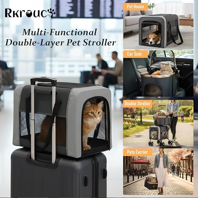 Foldable Double Pets Stroller for Dog Portable Cat Strollers for Small Medium Pet with Detachable Carriers Flexible Lockable Wheels Lightweight Dogs Jogger Strolling Cart Up to 77Lbs (Black)