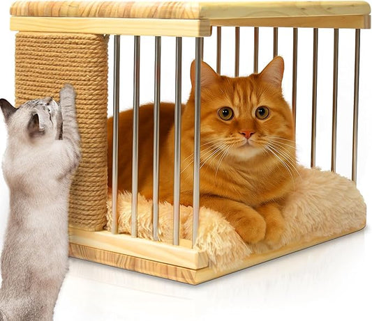 Wooden Cat House for Indoor Cats – Cat Furniture - Cat Bed with Area Scratching Pad - Cat Houses & Condos – Bedside End Table & Coffee Table for Living Room, Bedroom Decoration