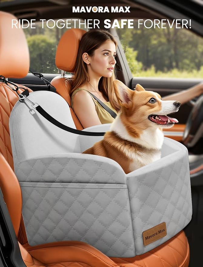 Dog Car Seat for Small/Medium Dogs, Elevated Dog Booster Seat Memory Foam Puppy Car Seat with Washable Cover, Travel Safety Pet Seat Bed for Car with Storage Pockets Up to 35 lbs (Grey)