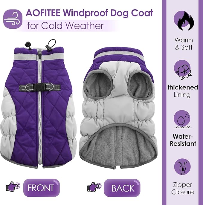 AOFITEE Dog Coat, Warm Dog Jackets for Small Dogs, Dogs Winter Coat with Harness Built in, Reflective Pet Winter Jacket, Waterproof Windproof Puppy Puffer Jacket Fleece Vest, Purple XS