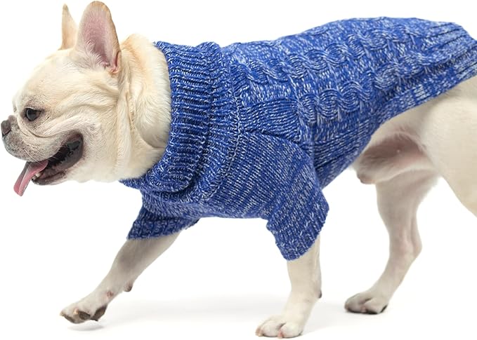 KOOLTAIL Dog Sweater for Large Medium Small Dogs, Fall Dog Sweaters, Turtleneck Cable Knitwear Pet Cold Weather Coats with Leash Hole, Warm Winter Pullover Clothes for Bulldog, Yorkie,Boy Girl, Blue L