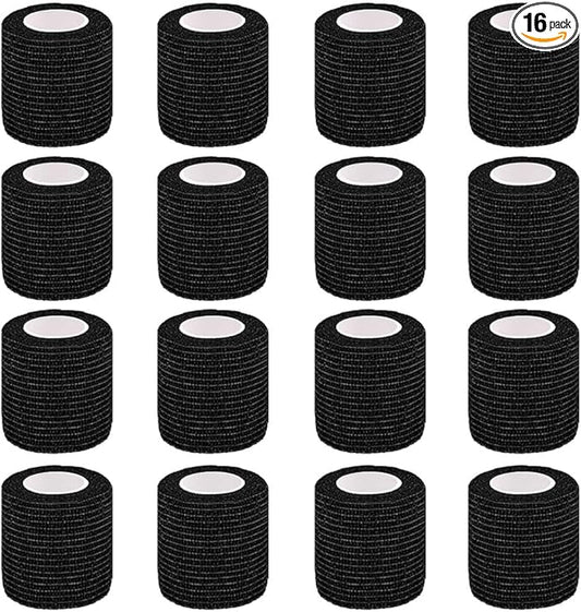 16 Pack Self Adhesive Bandage Wrap, 2" X 5 Yards Black Elastic Cohesive Bandage Wrap for Sports, Wrist, Ankle and Vet Wrap, Grip Tape