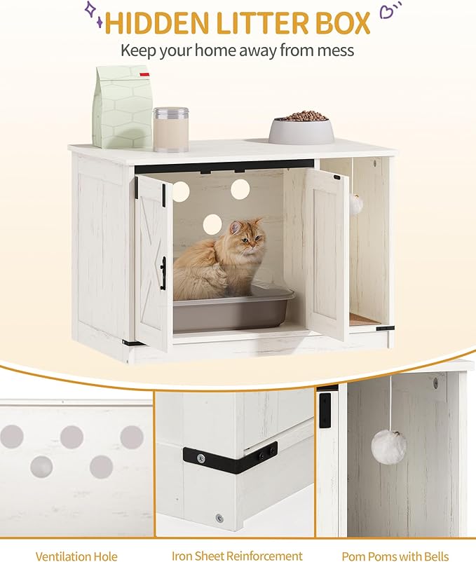 Cat Litter Box Enclosure, Hidden Litter Box Cabinet Furniture with Bell, Indoor Cats House, Farmhouse Style, 31.5 x 19.7 x 20.9Inches, for Hallway, Bedroom, White CB82414B