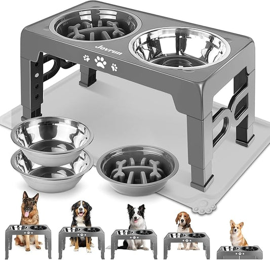 Elevated Dog Bowls, Dog Feeder with 2 Stainless Steel Dishes &1 Slow Feeder Bowl, 5 Heights Adjustable Raised Stand for Medium Large, Food Dishes with Non-Slip Feet