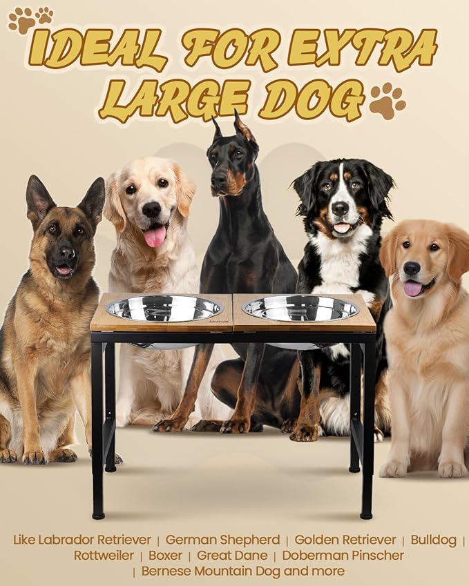 Elevated Dog Bowls Large Breed, 15"-20.5" H 4500ML Raised Dog Bowls for Large Extra Large Dogs, Bamboo Bowl Elevated with Stainless Steel Bowl, Metal Stand Adjustable Dogs Feeder