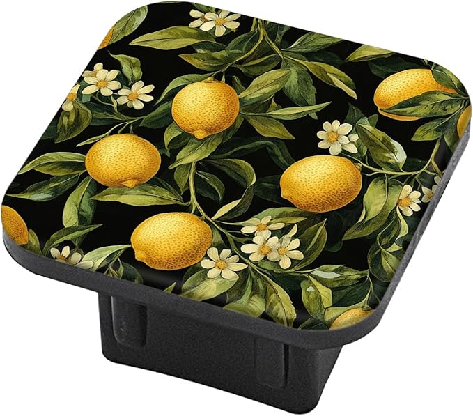 Hitch Cover Fits for 2-Inch Hitch,Lemon, Leaf and Flower Pattern On A Black Background Rubber Trailer Hitch Cover Tube Plug Insert,Car Exterior Accessories, Receiver Tube Hitch Plug