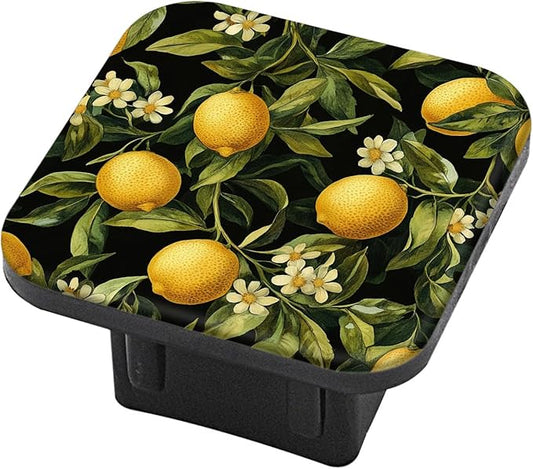 Hitch Cover Fits for 2-Inch Hitch,Lemon, Leaf and Flower Pattern On A Black Background Rubber Trailer Hitch Cover Tube Plug Insert,Car Exterior Accessories, Receiver Tube Hitch Plug