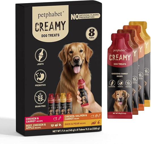 PETPHABET Lickable Squeeze Treats for Dogs, Wet Dog Food Meal Topper, Creamy Puree Dog Snacks, Puppy Pouch Treats for Training and Enrichment, Healthy High Protein Variety Pack (8 ct/1.4 oz Each)