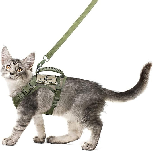 Tactical Cat Harness and Leash Set for Walking Escape Proof, Adjustable Large Cat Vest Harness with Molle Patches, Soft Mesh Padding, Rubber Handle Easy to Control