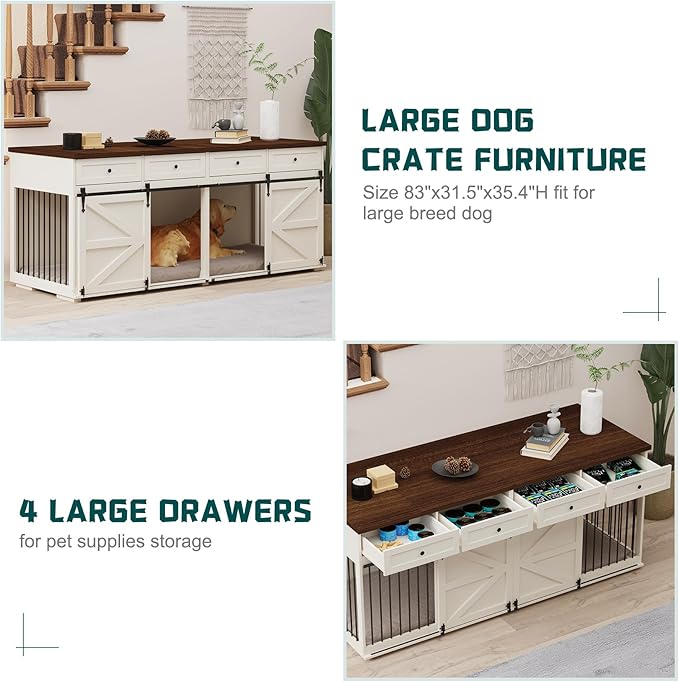 Furniture Style Dog Crate, 83" L Super Large Indoor Wooden Farmhouse Dog Kennel Furniture with Double Sliding Barn Doors, 4 Drawers & Room Divider, for Large Breed Dogs, White