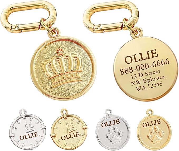 Dogs ID Tags Personalized Double Sided Deep Engraved Cat & Dog Collar Charm Round Shape Frosting Process Silver/Gold Plated (Bone-Cross Gold)