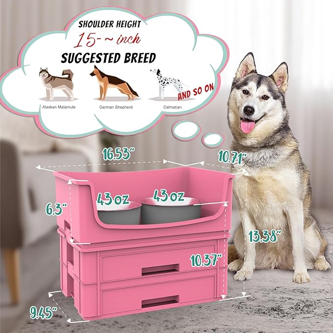 Mess Proof Dog Bowls, No Mess Food and Water Bowl, Dog Feeding Station with 2 Stainless Steel 1.25L/43oz Bowls, Spill-Proof Pet Feeder for Medium and Large