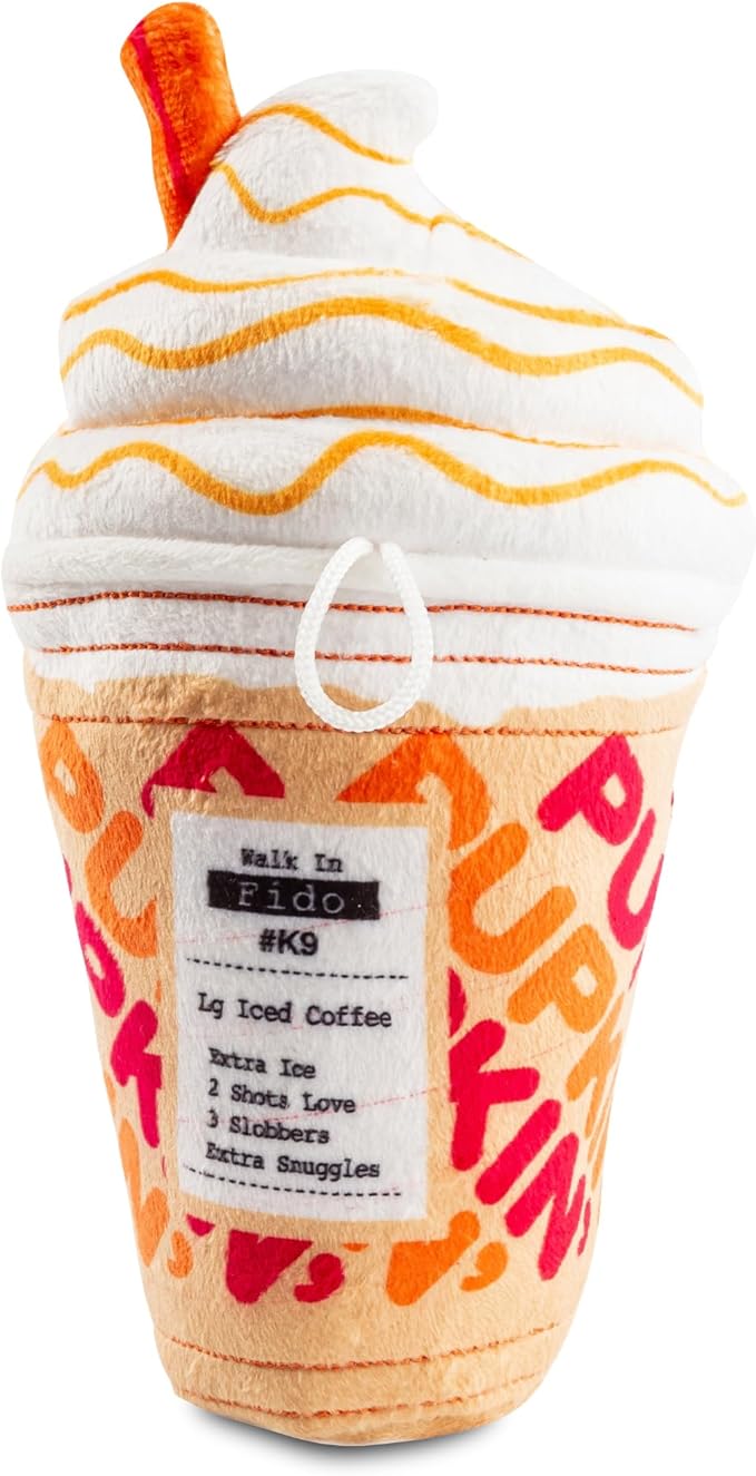 Haute Diggity Dog Pupkin' Donuts Iced Coffee Cup Plush Dog Toy for Small, Medium & Large Dogs, Interactive Funny Parody Squeaky Toys, Soft, Durable, Machine-Washable, & Safe Birthday Gift for Dogs