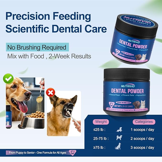 Cat Dog Dental Powder - Dog Teeth Cleaning Powder for Bad Breath Treatment, Plaque Off and Tartar Remover, Healthy Mouth for Dogs with Probiotics, Pet Dental Care - 6.35oz 180g