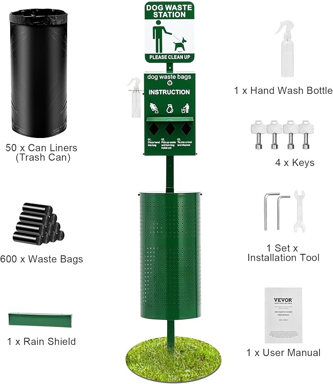 VEVOR Dog Waste Station with Hand Wash Bottle, 11.5 Gallons Pet Waste Bin with 50 Can Liners, Bag Dispenser & 600 Waste Bags, Outdoor Dog Waste Disposal System for Backyard