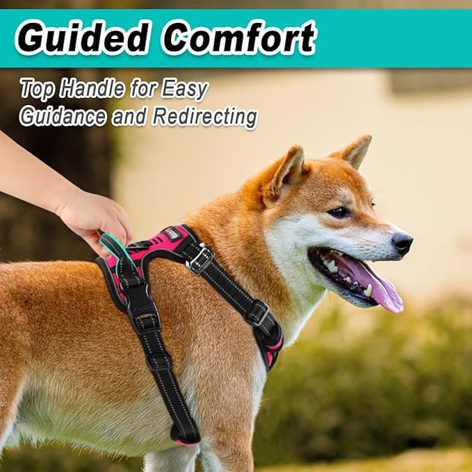 BARKBAY Dog Harness No Pull 3 Buckles for Large Dogs - Adjustable, Reflective, Comfortable, No Choke, Heavy-Duty - Perfect for Outdoor Training, Walking, and Hiking - Strong & Durable - XL & Pink