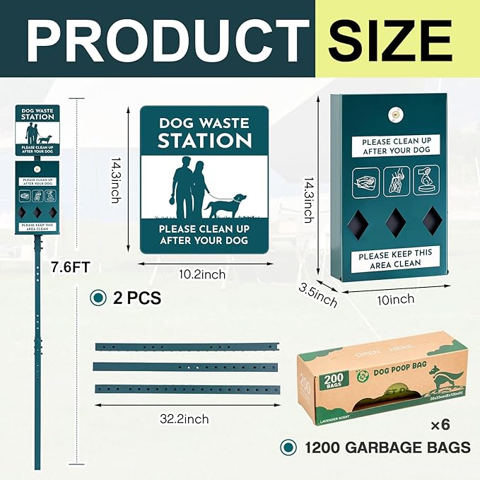 Dog Waste Station with Bags Galvanized Steel Outdoor Pet Bin Dispenser Reflective Sign Rust Proof System for Backyard Commercial Park(2 Pack)