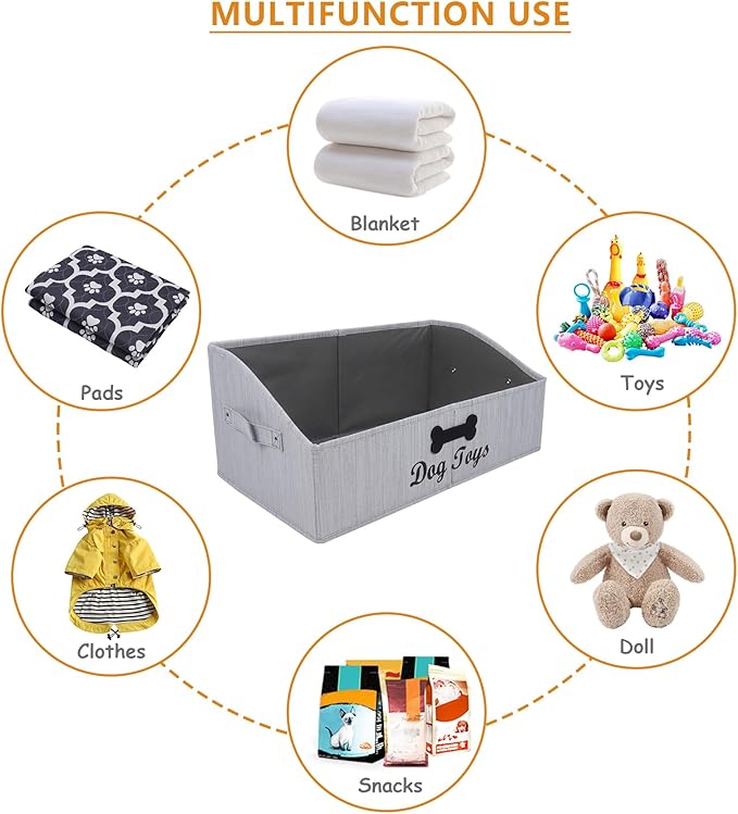 Collapsible Dog Toy Box - Fabric Storage Bin for Organizing Pet Toys/Blankets/Leashes - Personalizable - Slub Gray