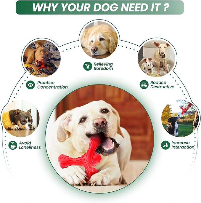 Dog Chew Toys for Aggressive Chewers Large Breed,Indestructible Bones Toy，Durable Cleaning Toothbrush Natural Rubber Dog Toys… (Red)