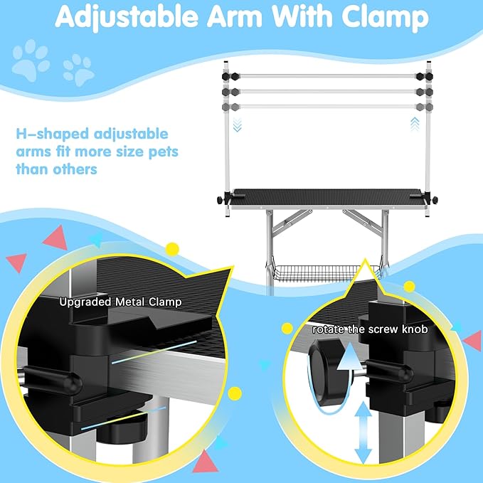 Lyromix 42''Large Dog Grooming Table, Adjustable Cat Drying Desktop with Arms, Nooses, Mesh Tray, Foldable Pet Station at Home, Maximum Capacity Up to 330Lb, 42inch, Black