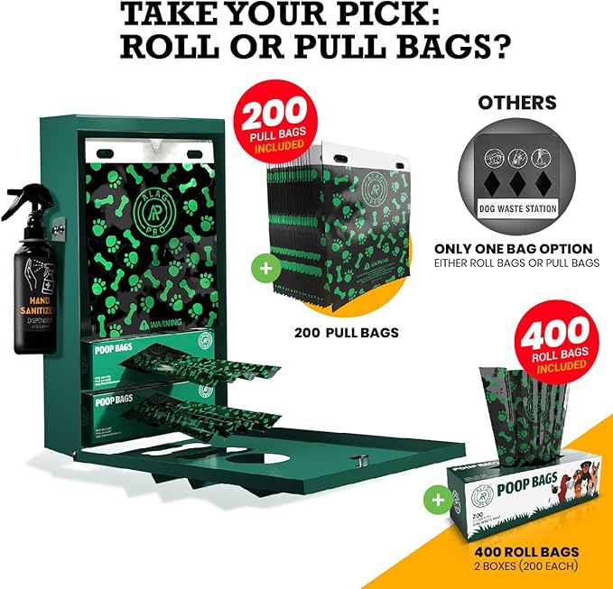 ALAGPRO® Dog Waste Station Bag Dispenser Outdoor Pet Waste Station with Hand Sanitizer Bottle, Dog Poop Station with Free 400 Roll and 200 Pull Waste Bags for Backyard, Park & HOA's