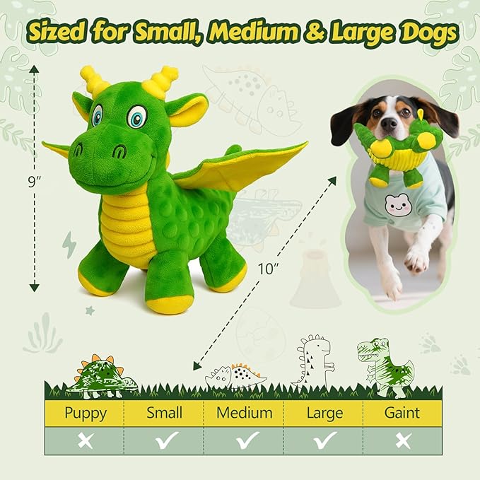 Squeaky Dog Toys - Soft Plush Dragon Dog Toy with 5 Squeakers & Crinkle Paper, Dog Toys for Small, Medium and Large Dogs to Keep Them Busy (Green,10")