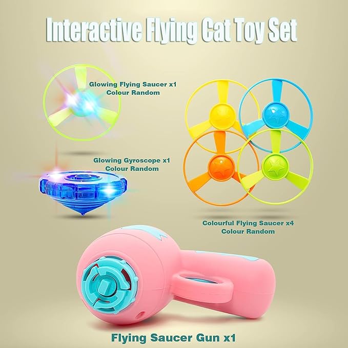 Cat Fetch Toy, Interactive Flying Cat Toy with 1 Light Up Spinning Tops, 1 LED Propellers and 4 Flying Propellers,Kitten Tracks Toy for Training Hunting Chasing(Pink)