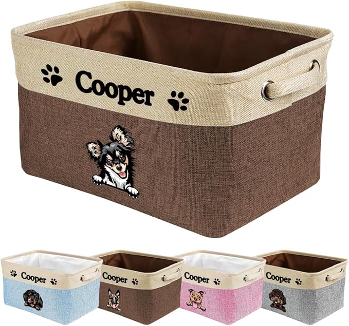 Personalized Dog Cat Toy Storage Basket with Pet's Name Sturdy Foldable Collapsible Storage Bin with Handles for Organizing Pet Stuff, Toys, Clothes, 15" x 9.8" x 9"