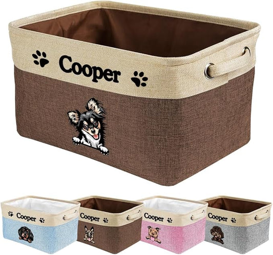 Personalized Dog Cat Toy Storage Basket with Pet's Name Sturdy Foldable Collapsible Storage Bin with Handles for Organizing Pet Stuff, Toys, Clothes, 15" x 9.8" x 9"