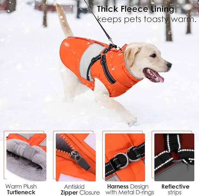 AOFITEE Dog Coat, Large Dog Jacket, Dogs Coat with Harness Built in, Reflective Waterproof Dogs Jackets Winter with Furry Collar, Warm Polar Fleece Pet Sweater Snowsuit for Doberman, Great Dane XXXL