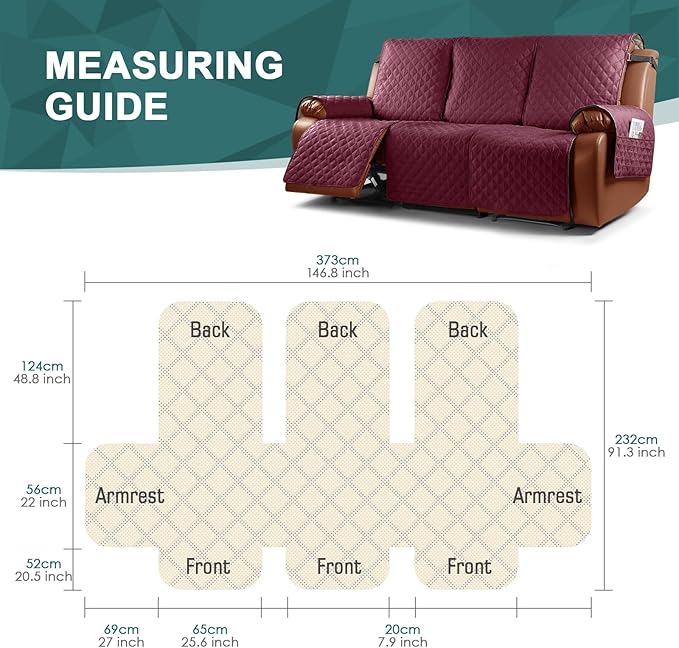 Ruaozz Waterproof Recliner Sofa Cover 1-Piece Couch Covers for Reclining Couches Reclining Sofa Cover Washable Furniture Protector with Elastic Straps Pocket for Kids, Pets (Wine, 3 Seater)