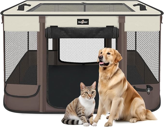 Foldable Pet Kitten Playpen, Upgrade Waterproof Portable Cat Dog Playpen Kennel Tent for Small Dog Cat, Retractable Shade Cover, Come with Free Carrying Case, Indoor Outdoor Use for Small Pet, Brown