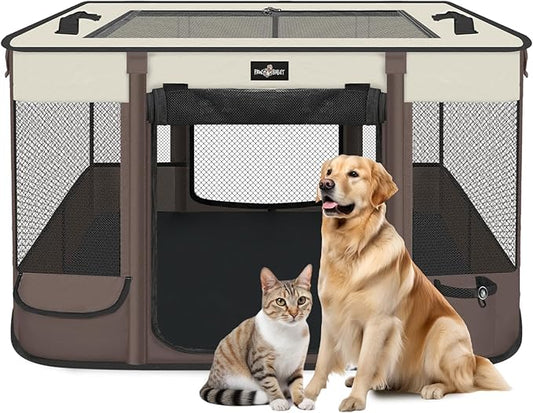 Foldable Pet Kitten Playpen, Upgrade Waterproof Portable Cat Dog Playpen Kennel Tent for Small Dog Cat, Retractable Shade Cover, Come with Free Carrying Case, Indoor Outdoor Use for Small Pet, Brown