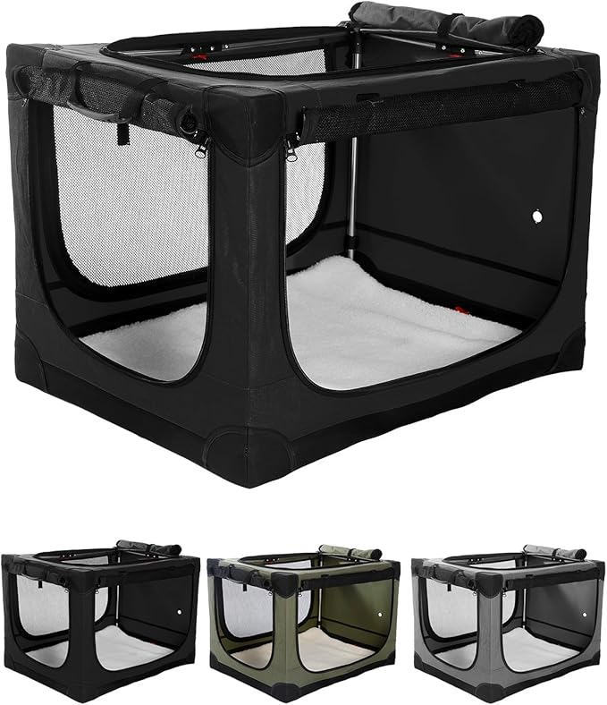 33 Inch Collapsible Travel Dog Crate for Medium Large Dogs, Portable Dog Crate 4-Door Foldable Soft Kennel with Durable Mesh Windows for Indoor & Outdoor Travel, with Storage Bag,Black