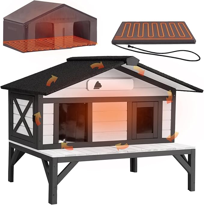 GUTINNEEN Heated Cat House for Outside Outdoor Cat House Insulated with Heated Pad, Insulated Liner, Large Wooden Shelter with Large Porch and Two Escape Doors for Multiple Cats, Black & White