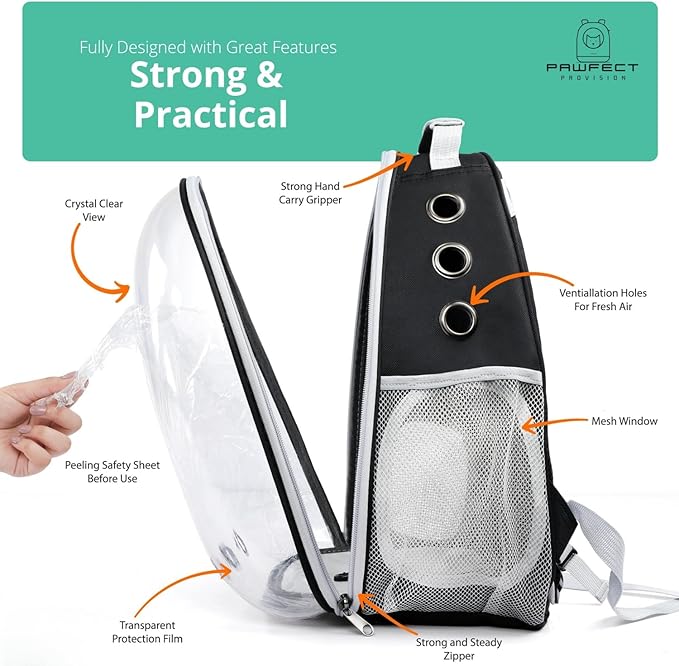 Cat Backpack Carrier with Collapsable Dog Bowl, Cat Collar & Interactive Cat Toy - Airline Approved Bubble Carrying Bag for Medium Dogs & Cats, Animal Carrier Backpacks, Pet Backpack | Black