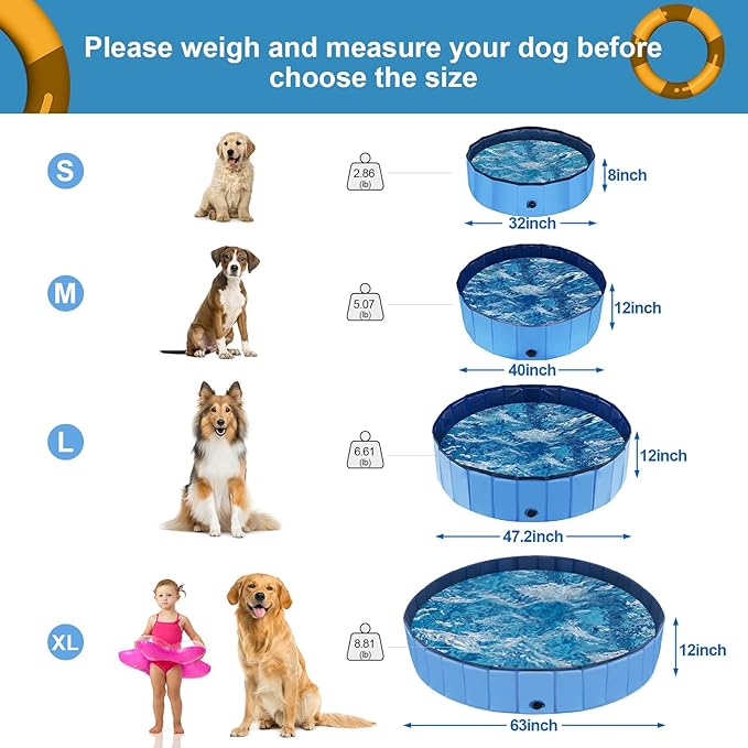 Dog Pool for Large Dogs, Kiddie Pool Hard Plastic, Dog Bathtub Portable, Foldable Pool for Dogs Slip-Resistant (Blue, M-40"x12")