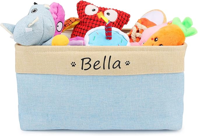 Personalized Dog Toy Box, Dog Toy Basket Storage with Cotton Handle, Customized Name and Paw Heart Print Puppy Toy Bin for Organizing Food Clothes and Pets Accessories(Paw Light Blue)