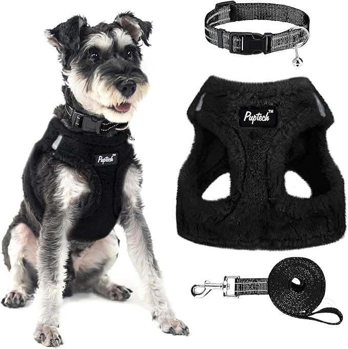 PUPTECK Adjustable Dog Harness Collar and Leash Set Step in No Pull Pet Harness for Small Medium Dogs Puppy and Cats Outdoor Walking Running, Soft Mesh Padded Reflective Vest Harnesses, Black M
