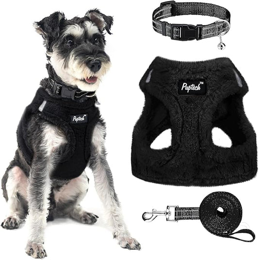 PUPTECK Adjustable Dog Harness Collar and Leash Set Step in No Pull Pet Harness for Small Medium Dogs Puppy and Cats Outdoor Walking Running, Soft Mesh Padded Reflective Vest Harnesses, Black M