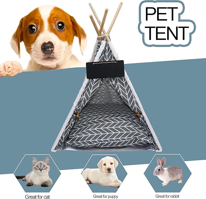 Pet Teepee, Portable Pet Tents for Small Dogs or Cats, Puppy Sweet Bed Washable Dog or Cat Houses with Cushion(Grey,24in)