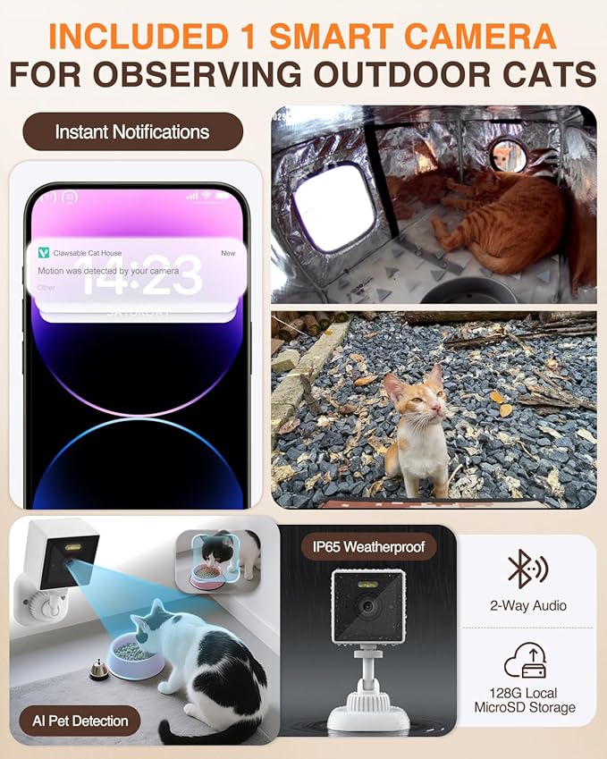 Indestructible Heated Cat House with Pet Camera for Outside Winter, 100% Waterproof, Escape Door, Insulated Outdoor Cat Shelter with Heater for Feral Barn Cat Kitty (Desert Camouflage, 26"x16"x18")