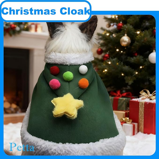 Cat Christmas Costumes Outfit Green Xmas Tree Elf Pet Cloak with Hat with Star and Pompoms Puppy Cape Clothes Party for Small Dogs Cats Pet Santa Presents,Green,Large PC305-1-L