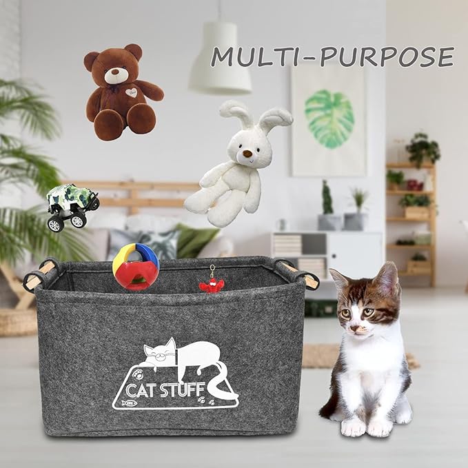 Cat Toy Box, Cat Toy Storage Basket with Handles, Felt Pet Toy Basket Pet Supplies Storage Bin, Perfect for Organizing Cat Toys and Accessories