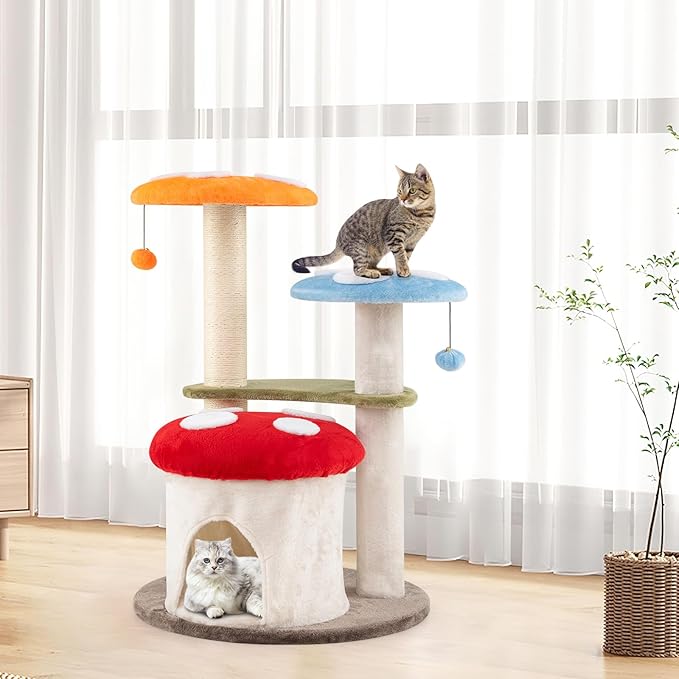 PETSITE Mushroom Cat Tree, Multi-Level Cute Cat Tree Tower with Sisal Scratching Posts, Cat Condo, Soft Plush Perches, and Dangling Toys for Indoor Cats (35 Inch)