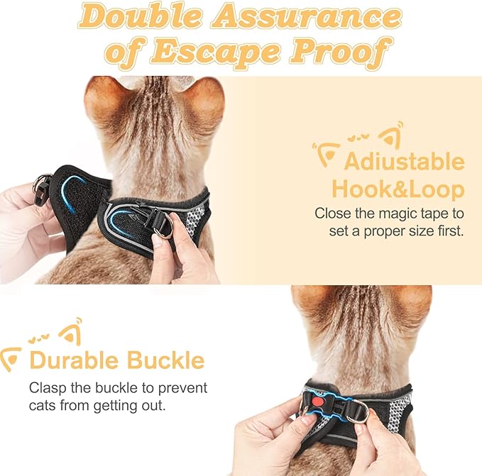 Cat Harness and Leash for Walking Escape Proof, Adjustable Kitten Vest Harness Reflective Soft Mesh Puppy Harness for Outdoor, Comfort Fit, Easy to Control (Gray, XXS)