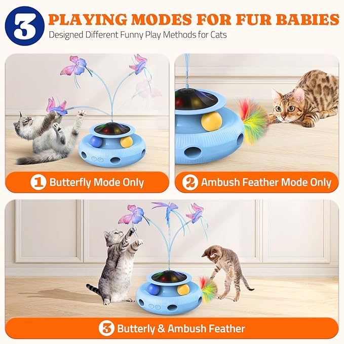 Interactive Cat Toy 3 in 1 Automatic Cat Toy for Indoor Cats, Electric Kitten Toy with Rechargeable Battery, Self Play Kitty Toys with Rotating Fluttering Butterfly,Track Ball and Ambush Feather,Blue