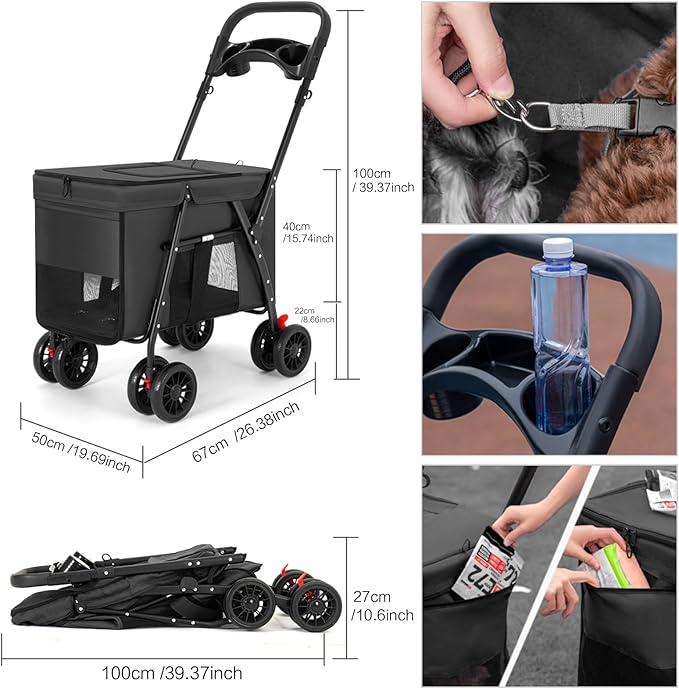 Pet Stroller Cat Dog Stroller Travel Folding Pet Carriers（Black）