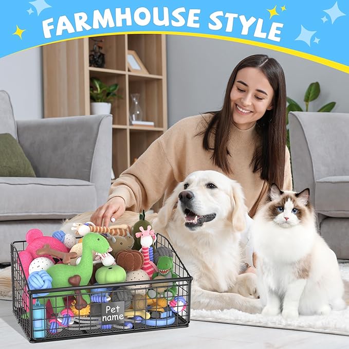 Indestructible Dog Toy basket, Medium Toy Box for Dogs,Pet Toy Bin Dog Metal Basket for Toys, Toy Storage Organizer, Toy Box for Living Room Area (Black)