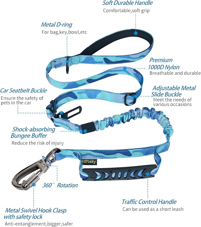 Hotsky Tactical Dog Leash Heavy Duty for Medium Large Dogs That Pull,4-6Ft Strong Bungee Shock Absorbing No Pull Dog Leash with Padded Double Handle and Car Seatbelt,Blue Camo